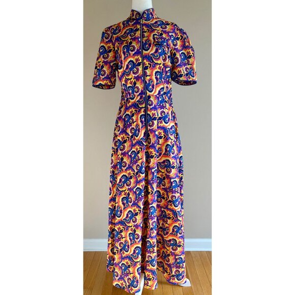 Audrey K NWOT Retro Multi-color Kaleidoscope Maxi Dress Zip-Front Size Medium - Picture 3 of 14